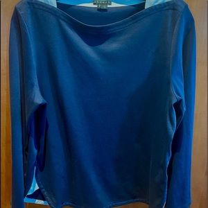 Theory womens top.  Navy with  white inset at shoulder and bottom sides.